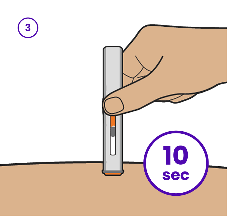 Illustration depicting the three easy steps for injecting TRYNGOLZA. The text reads: '1. Place: Remove the clear cap and place the orange needle shield at a 90-degree angle against the skin. Make sure you can see the viewing window; 2. Push: Push firmly against the skin. You may or may not hear 2 clicks. This is normal. The procedure is not finished; 3. Hold: Hold the autoinjector against the skin and continue pressing down for 10 seconds.'